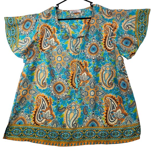 Lapogee Boho Paisley Print Tunic 3X Short Flutter Sleeve Blue/Orange Flowy India - Picture 1 of 13
